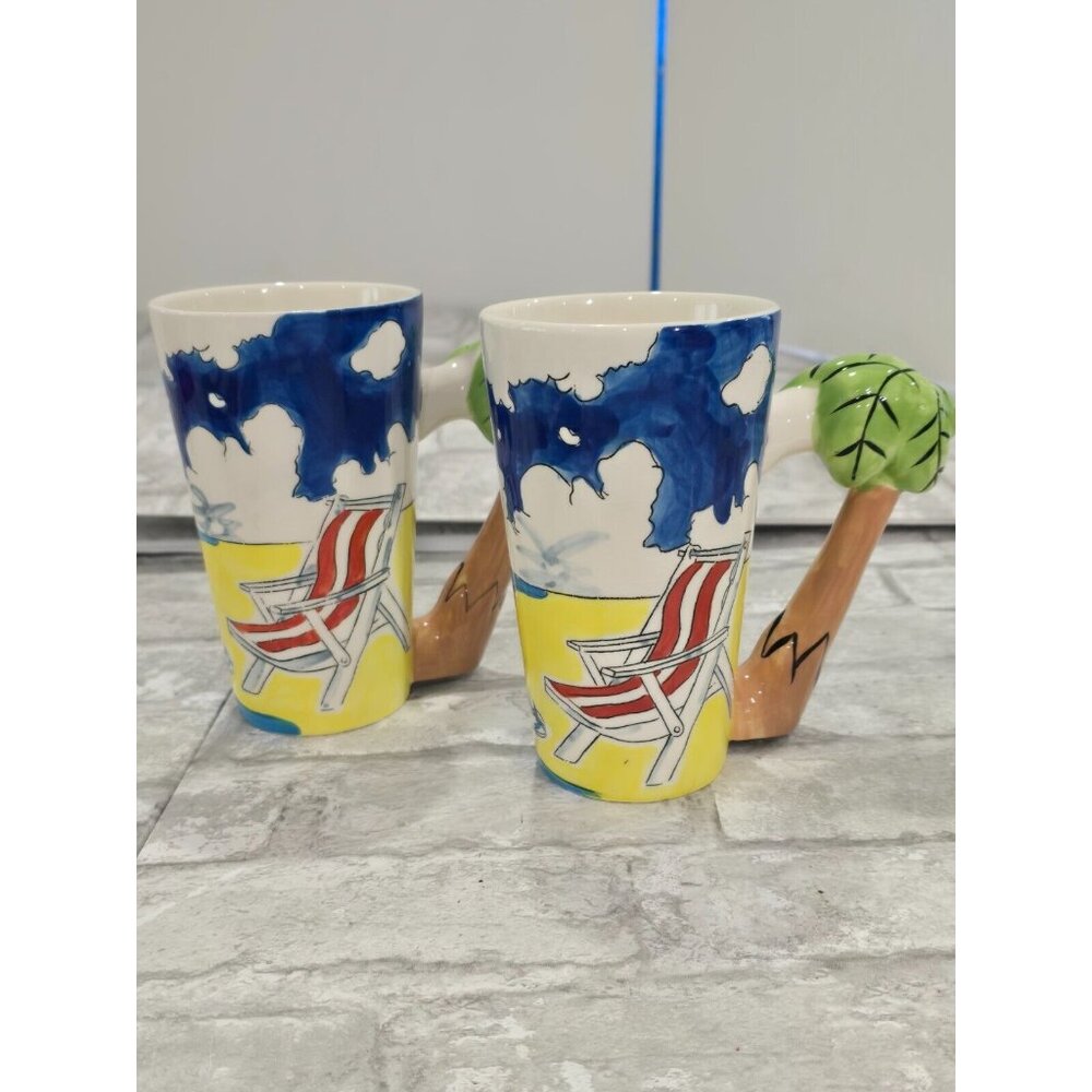 Lot of 2 Mugs Florida Marketplace Painted Beach Theme Palm Tree Handles 2004